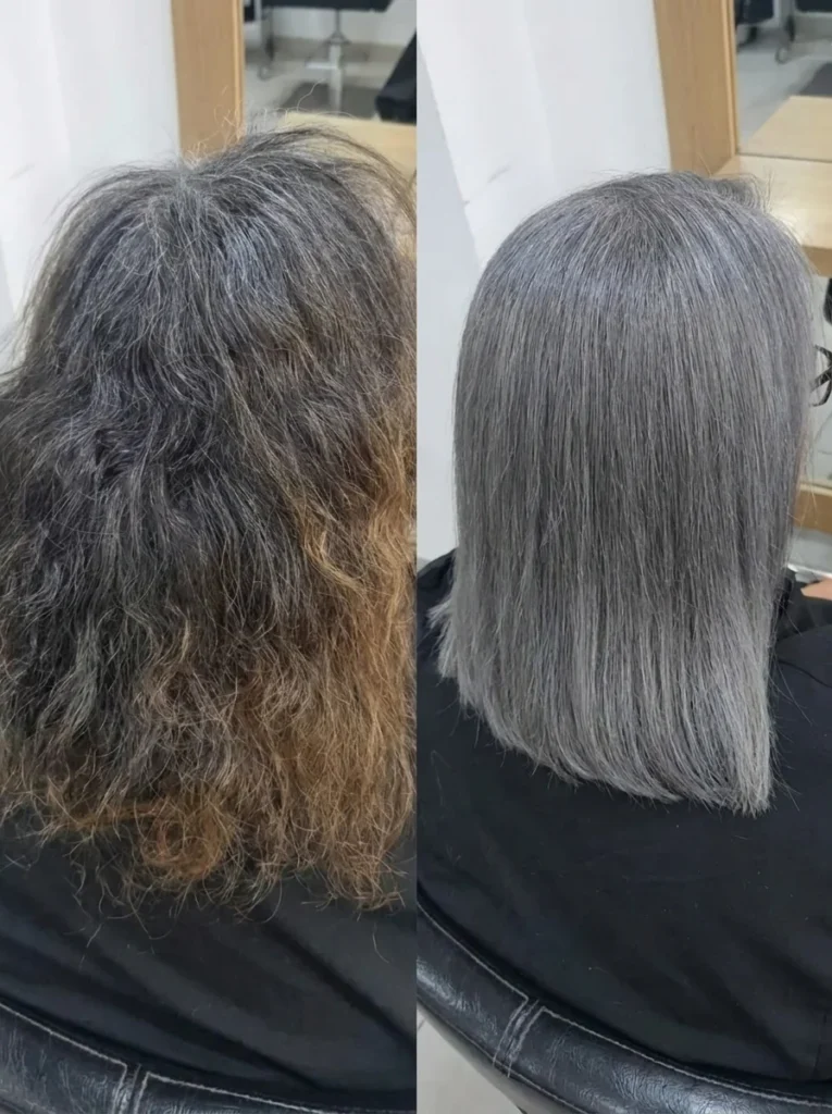 Grey Blending Before After Brassy Damaged Ends To Smooth Silver Grey Hair Culture London