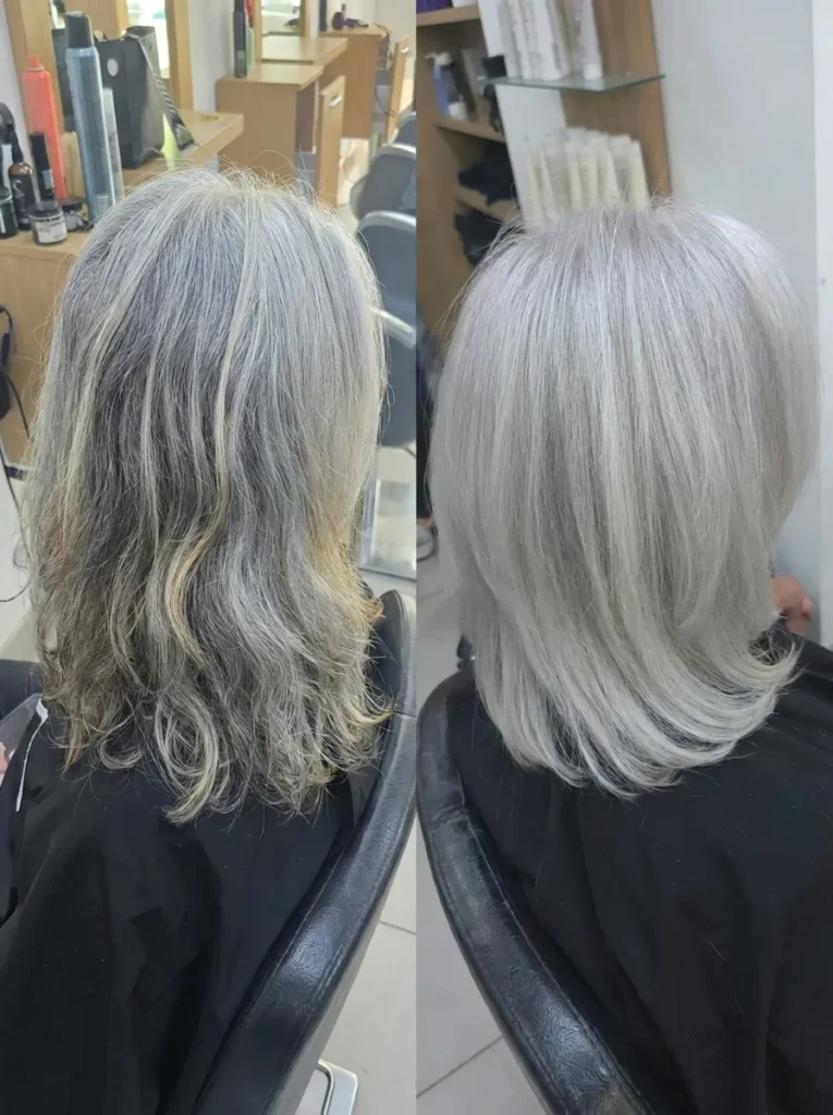 Grey Blending Before After Old Highlights To Silver Blend Hair Culture London