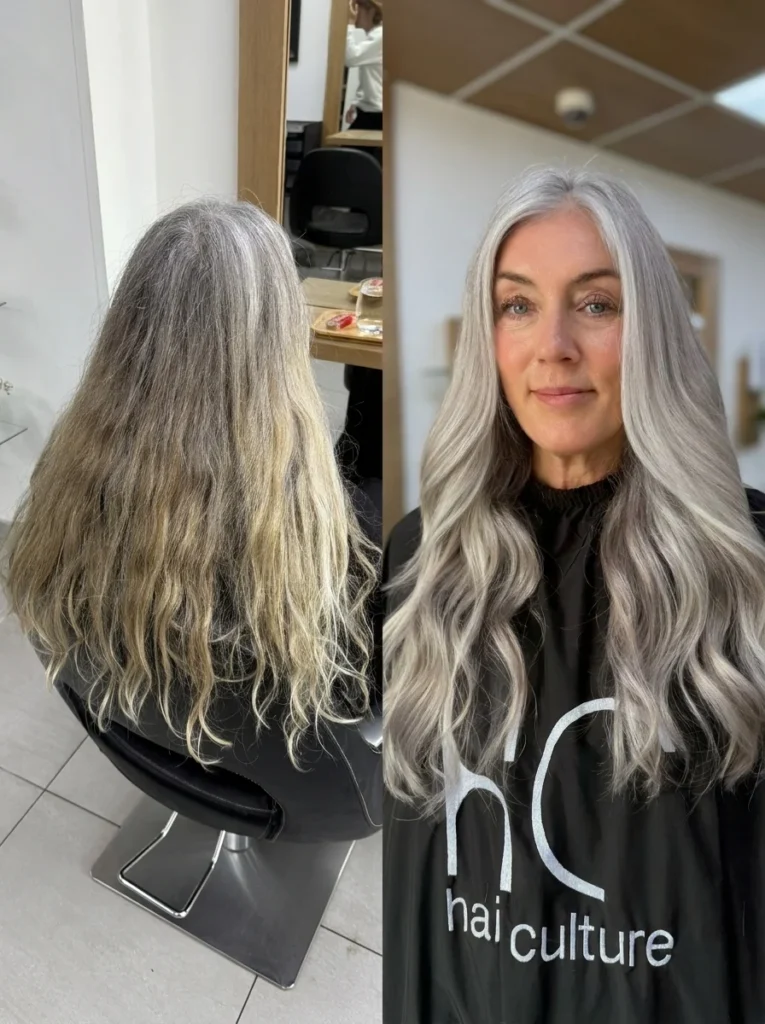 Long Silver Blend Warm Undertones Grey Transition Hair Culture London