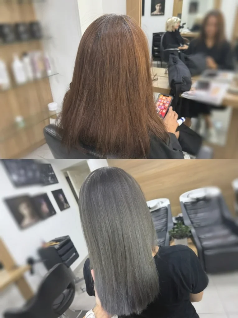 Permanent Brown Dye Removed To Cool Steel Grey Mid Length Hair Culture London