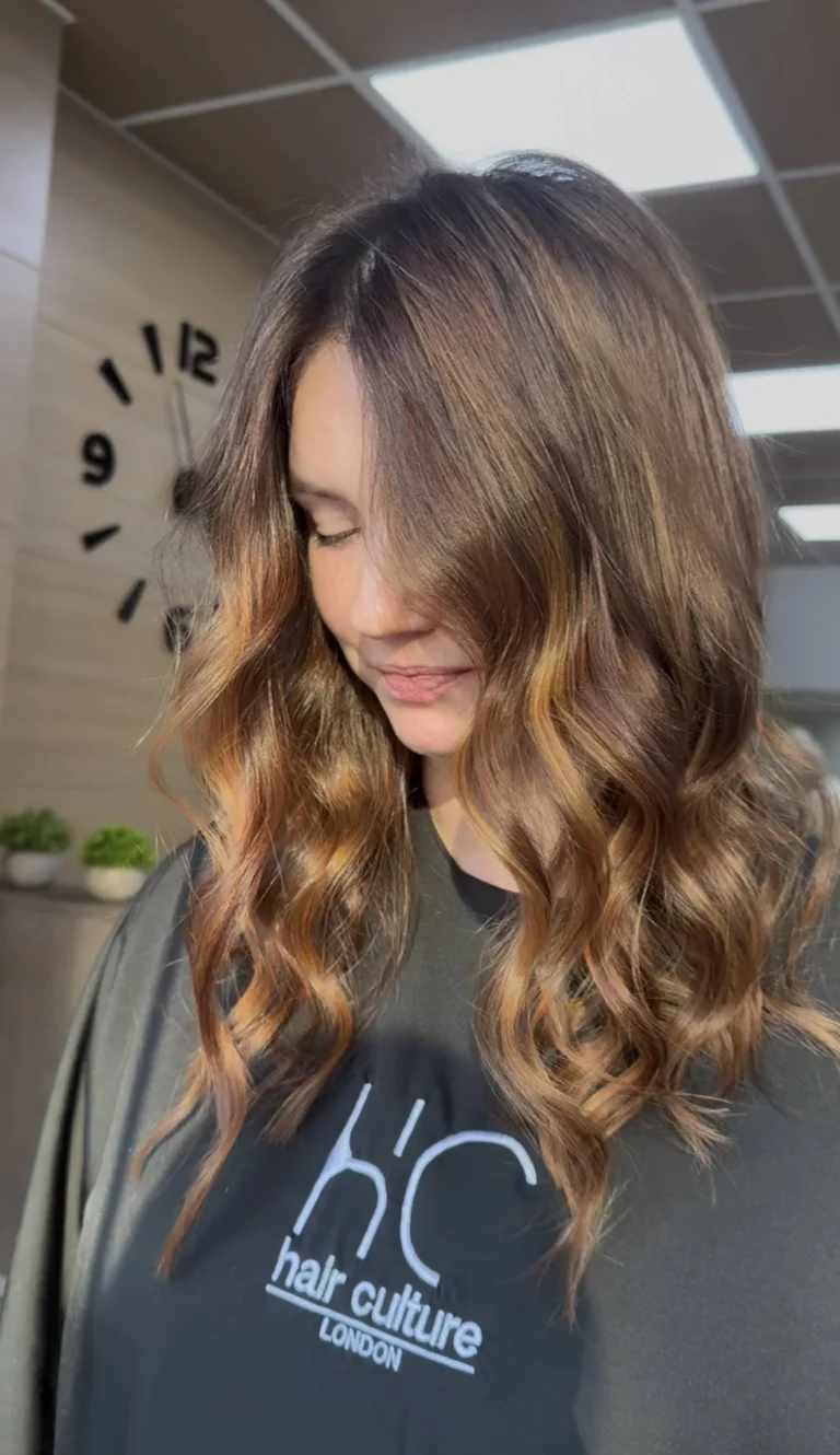 Brunette balayage refreshed with Wella Supernatural blonde toning at Hair Culture salon Leytonstone, warm caramel pieces through mid-lengths and ends